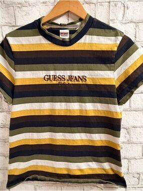 Vintage Guess Striped Crewneck Tee in Olive, Navy & Mustard